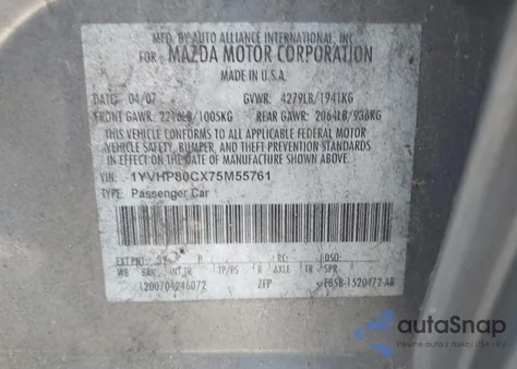 2007 Mazda Mazda6 I Sport Ve from USA, damaged, VIN 1YVHP80CX75M55761